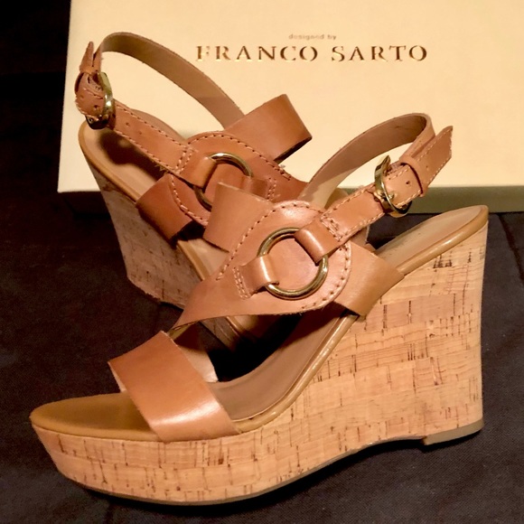Franco Sarto Shoes - Gorgeous tan leather platform sandal w/ cork wedge